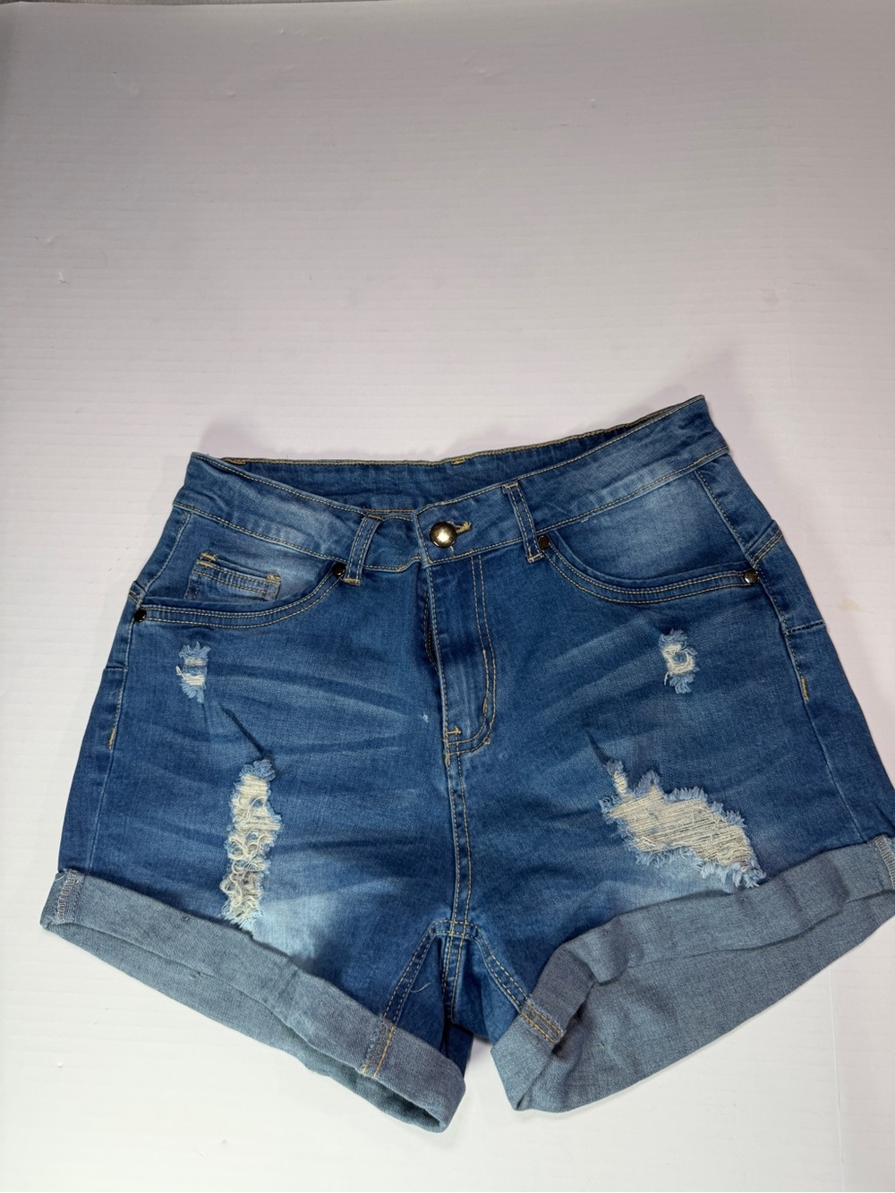 Women's Blue Distressed Rolled-Hem Jean Shorts 27-28 waist